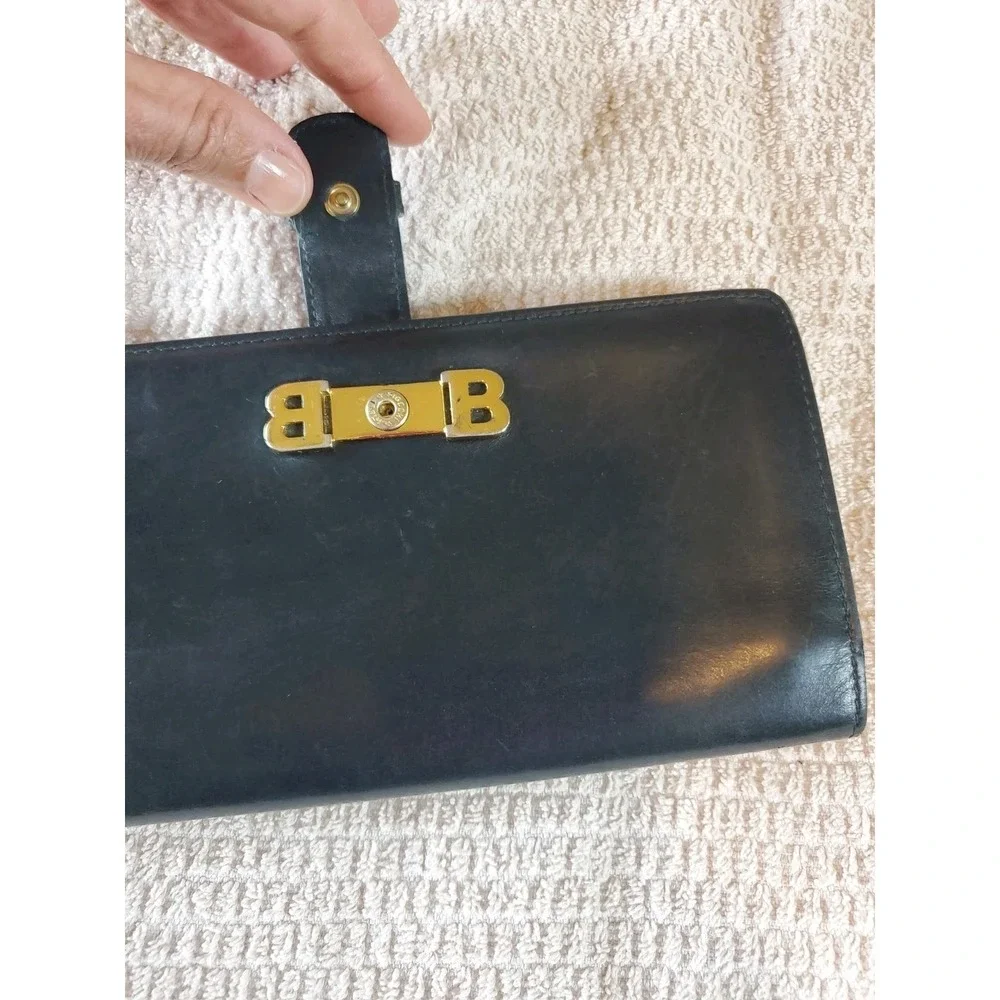Bally Vtg Black Leather Kisslock Bifold Wallet Women Double B Logo Made In Italy